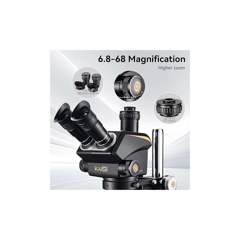 KAISI Microscopio estéreo trinocular S6, zoom 6.8X-68X con oculares de campo ancho WF10x23, anillo de luz LED 144 y extractor de