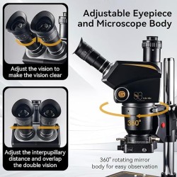 KAISI Microscopio estéreo trinocular S6, zoom 6.8X-68X con oculares de campo ancho WF10x23, anillo de luz LED 144 y extractor de