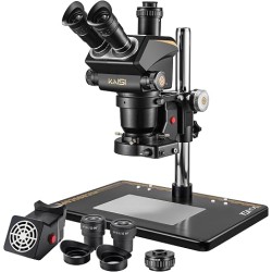 KAISI Microscopio estéreo trinocular S6, zoom 6.8X-68X con oculares de campo ancho WF10x23, anillo de luz LED 144 y extractor de